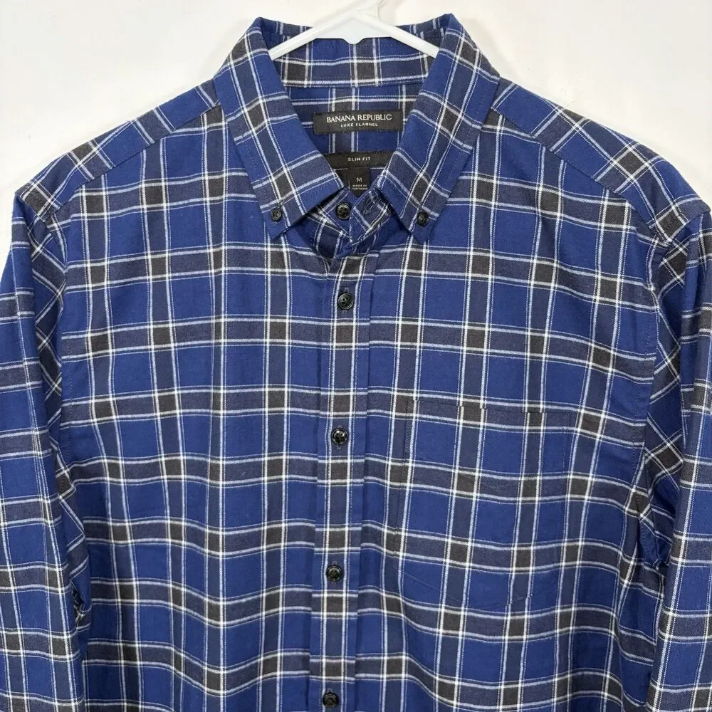 Banana Republic Luxe Flannel Slim Fit Button Down Shirt Mens Blue Black Plaid